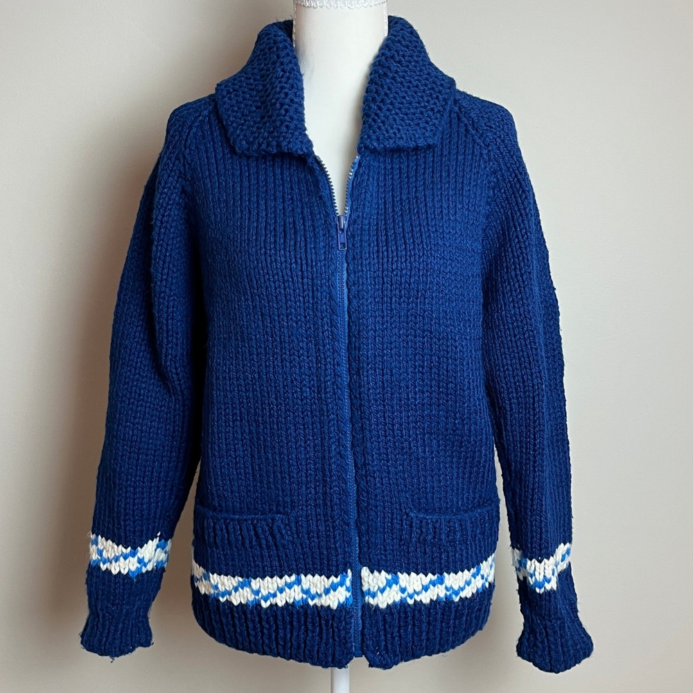 Vintage Cowichan Style Wool Sweater Womens S/M Hand Knit Blue Zip Shawl Collar